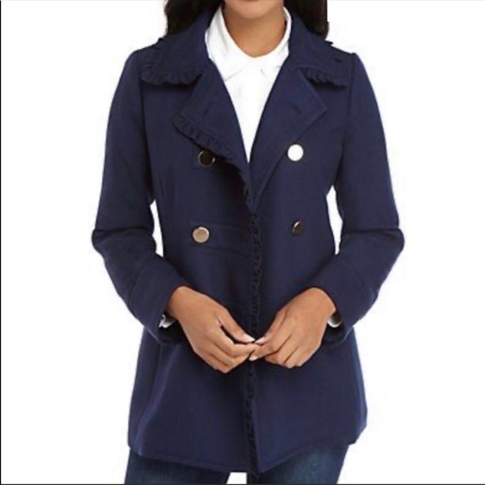 Crown & Ivy Ruffle Trim Peacoat in Navy NWT